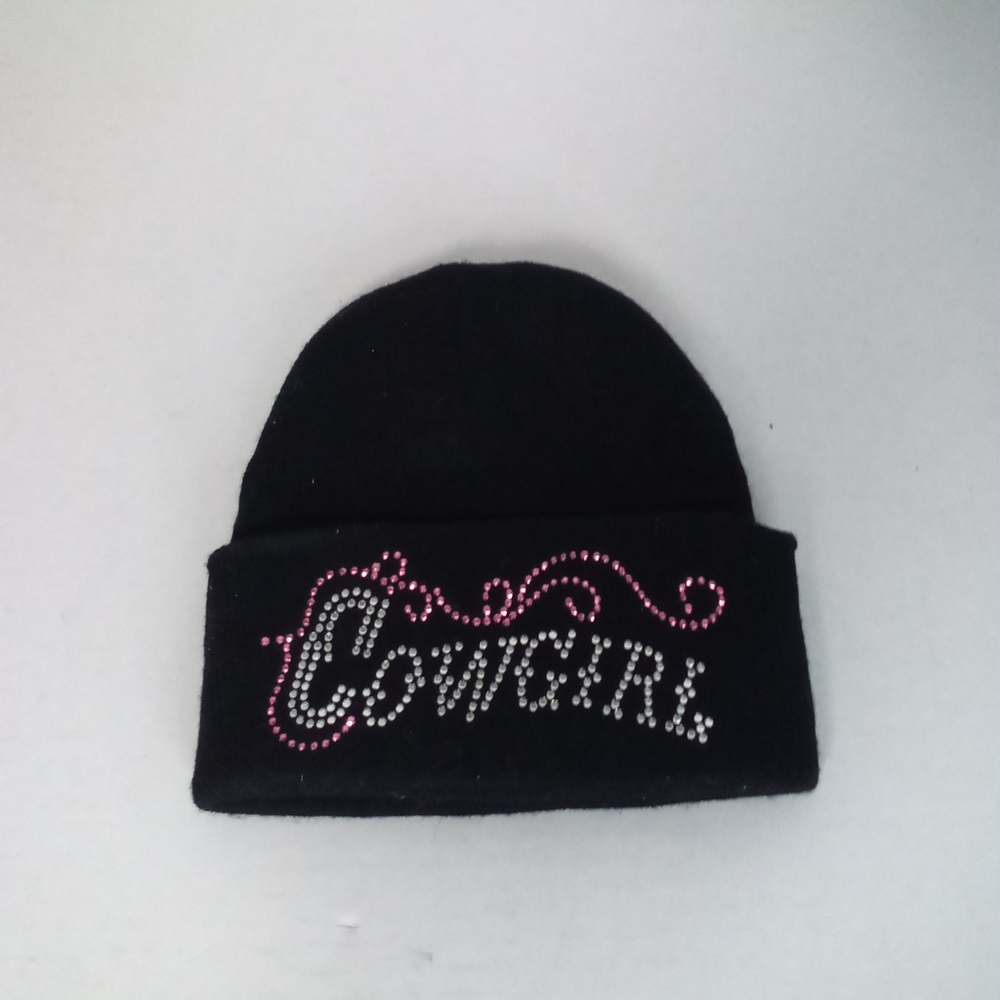 Cowgirl Black Beanie with Pink and White Crystal Accents